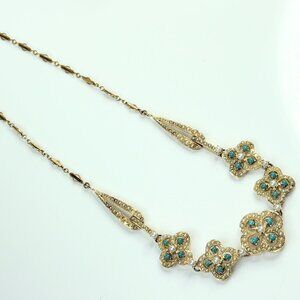 Antique 14K Turquoise Seed Pearl Quadfoil Festoon Necklace JR1473